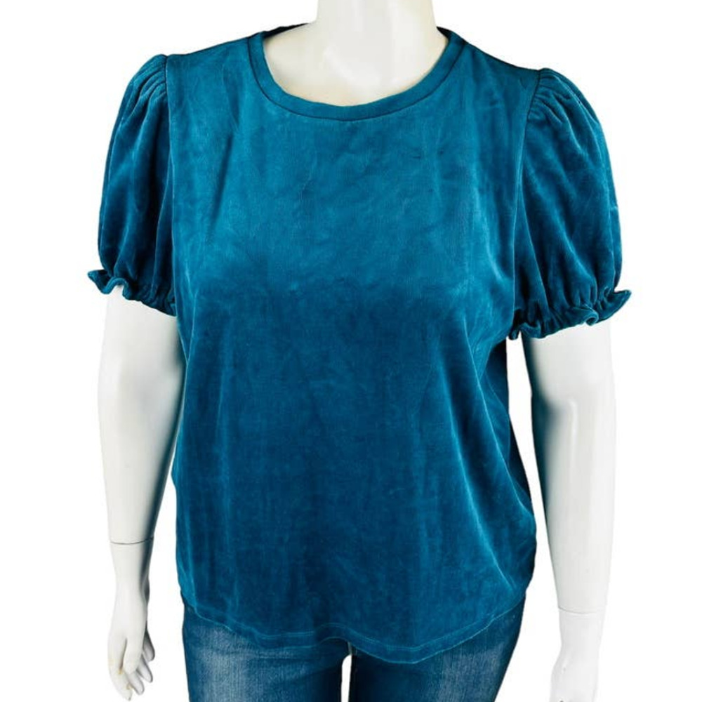 New Ann Taylor Womans Sz XL Blouse Thick Velvet Short Sleeve Stretch Teal NWOT
